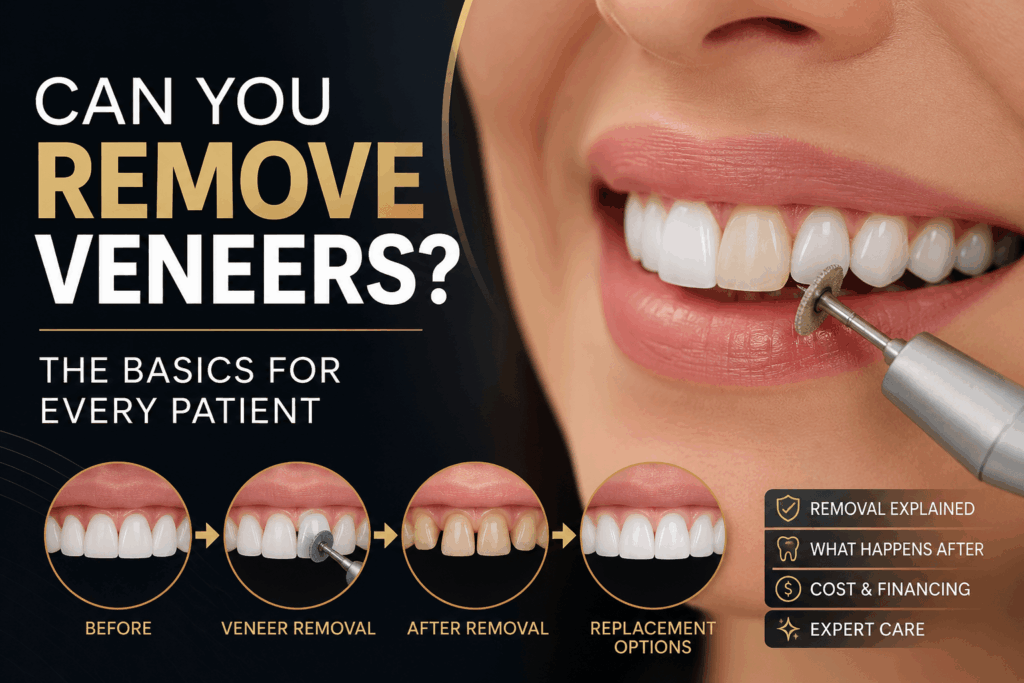 Infographic about veneer removal steps: before, veneer removal, after removal, and replacement options, with a dentist drilling a veneer on the right side.