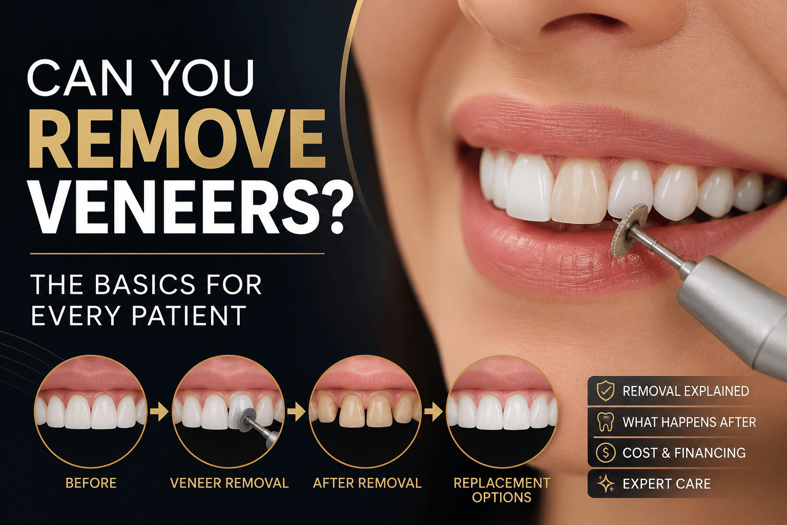 can veneers be replaced - Vegas Smile Suite: Tozzi & Lawler Infographic about veneer removal steps: before, veneer removal, after removal, and replacement options, with a dentist drilling a veneer on the right side.